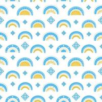 Seamless pattern with rainbows and embroidered elements in national blue and yellow colors on white background, stand with ukraine, design for packaging or textile print vector