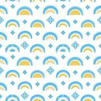 Seamless pattern with rainbows and embroidered elements in national blue and yellow colors on white background, stand with ukraine, design for packaging or textile print vector