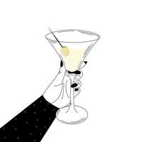 mano sosteniendo copa de martini, fiesta de cumpleaños en estilo blanco y negro sobre fondo blanco, tiempo para relajarse concepto vector