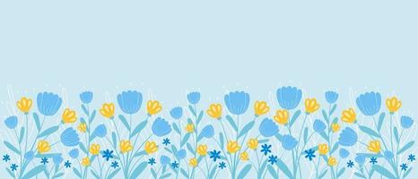 Spring backdrop with border of blooming flowers and leaves in hand drawn style, horizontal banner template vector