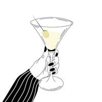 mano de mujer sosteniendo un vaso de martini, tiempo para relajarse concepto, ilustración de bebida alcohólica en estilo blanco y negro sobre fondo blanco vector