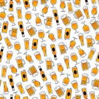 Beer seamless pattern with glasses, bottles, cans and jugs of beer, ornament for brewery design or pub menu in cartoon style on white background