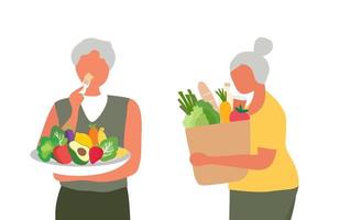 pareja mayor comiendo alimentos saludables y sosteniendo una bolsa de supermercado saludable. concepto de envejecimiento saludable y cuidado de ancianos. vector