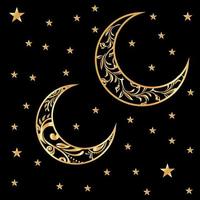 Collection of shiny gold crescent moon and stars vector