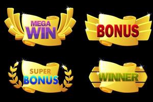 Gold reward scroll, winner, bonus banners for ui games. Vector illustration set gold paper scrolls for winner award, poster for victory.