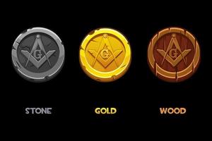 Set Masonic coins with masonic square and compass symbol. Vector Masonic Symbol, sacred society. Wooden, stone and golden old coins.