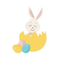 Bunny. Cute Rabbit into Broken Egg with three eggs vector