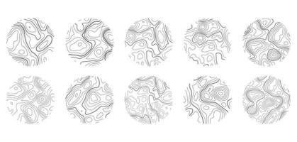 Tree rings set. Wood texture with topography lines. Organic ripple wavy patterns. Vector doodle illustration.