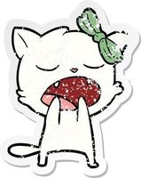 distressed sticker of a cartoon yawning cat vector