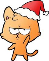 bored gradient cartoon of a cat wearing santa hat vector