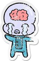 distressed sticker of a cartoon big brain alien crying vector