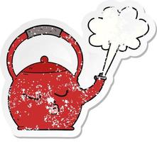 distressed sticker of a cartoon boiling kettle vector