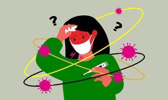 Have a fever,Paranoid, suspicious and worried about getting infected with the Covid 19 virus. Thermometer, high fever. Use tissue to wear a mask to prevent germs from spreading. vector