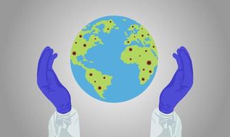 Take care, love and care for the world. Doctors use gloved hands to embrace the world to prevent coronavirus.