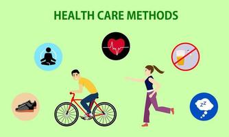 Health care methods. Cycling and running. Exercise,meditate,pulse,normal heartbeat,don't drink,don't smoke,sleep well.