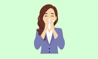 Woman sneezing in handkerchief. With symptoms similar to fever. Illness,disease symptoms concept. vector