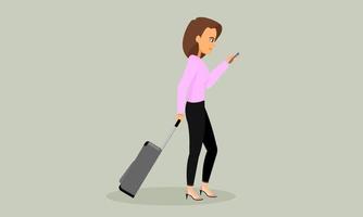 Cartoon character female travel with luggage and passport on the way to airport. Traveling woman with drag bag. vector