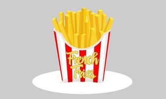 Large french fries fast food. Potato chips in red and white striped paper box. French fries packaging box flat design. vector