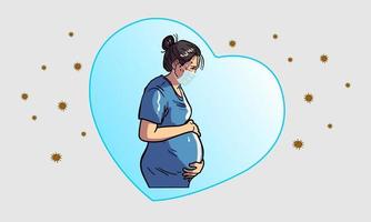 Pregnant women worry about the baby In the womb.The Coronavirus crisis COVID 19 is spreading. Protect by wearing a mask and staying away from infected people. vector
