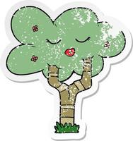 distressed sticker of a cartoon tree with face vector