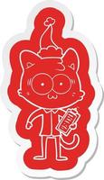 cartoon  sticker of a surprised office worker cat wearing santa hat vector