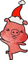 textured cartoon of a furious pig wearing santa hat vector