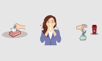 Paper tissue with box,used to cover the nose and mouth when coughing or sneezing. Disposable the contaminated tissue into a plastic bag. Put in a dangerous type trash. vector