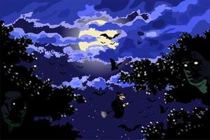 Halloween fullmoon, creepy night, witches, bats and haunted in trees. vector