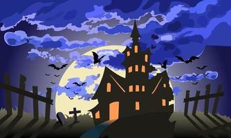 Halloween creepy dark castle, moon shines bright, flock of flying bats,old wooden fence,crosses and cemeteries. vector