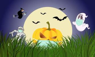 jack o lantern, witch, ghost and mummy wear a mask to prevent disease COVID 19. Moon shines bright, flock of flying bats. vector