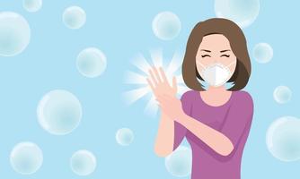 Woman showing clean hands, sparkling aura. Protect and keep hands clean. Happy face mask wearing. Floating bubbles On blue background. vector