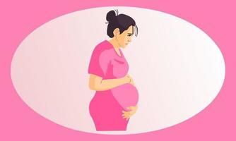 mujer embarazada con un vestido rosa sostiene su vientre con ambas manos. esperar que el bebé salga sano. vector