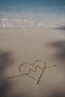 hearts drawn on the sand of a beach photo