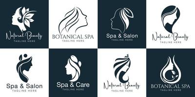 conjunto de elementos de spa logotipo dibujado a mano con cuerpo y hojas. logo para spa y salón de belleza, boutique, terapia de masaje, tienda orgánica, relajación, cuerpo de mujer, interior, yoga, cosméticos, joyería vector