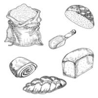Bread and bakery products vector icon sketch baked bread, rye and wheat bread, jam bun, halla bread. A bag of flour, a scoop with an engraving in the assortment of a retro bakery