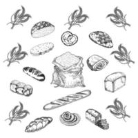 Icons of bread contours. Drawing rye, whole grain and wheat bread, pretzels, muffins, croissants, bagels, toast bread, French baguette for bakery design menu. Vector illustration.