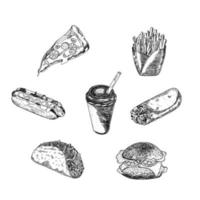 Vector set of fast food. A vector illustration in the style of a sketch, drawn by hand.