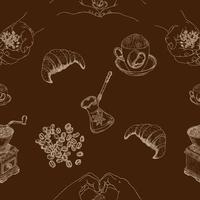 Seamless pattern with elements of coffee,turks,retro coffee grinder and dessert. Vector background of the concept of cafes and sweet cakes.