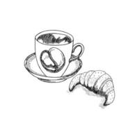 taza de café, croissant dibujo a mano grabado crujiente estilo retro vector