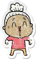 distressed sticker of a cartoon happy old lady vector