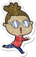 distressed sticker of a cartoon woman wearing spectacles vector