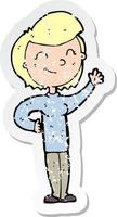 retro distressed sticker of a cartoon friendly waving woman vector