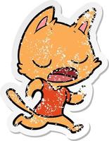 distressed sticker of a talking cat cartoon vector