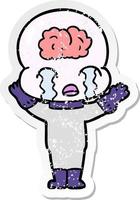 distressed sticker of a cartoon big brain alien crying vector