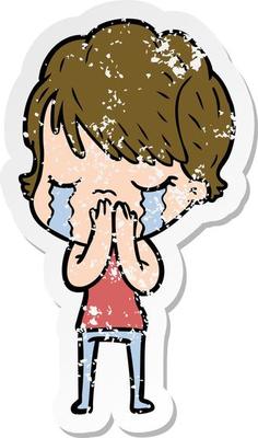 distressed sticker of a cartoon woman crying