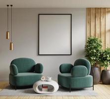Mock up poster frame in modern interior with green armchair and accessories in the room. photo