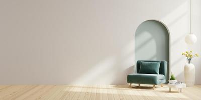sala de estar escandinava con sillón verde sobre fondo de pared blanco vacío. foto