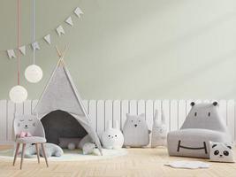 Mockup wall in the children's room with gray sofa and kids tent on light green color wall. photo