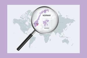 Map of Norway on political world map with magnifying glass vector