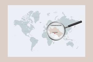 Map of Turkmenistan on political world map with magnifying glass vector